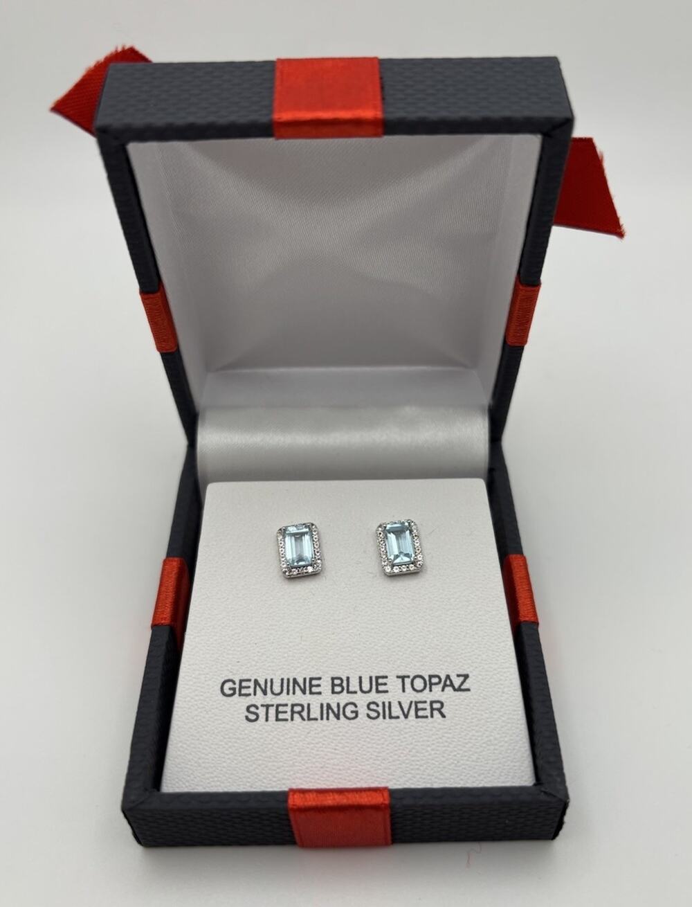 NIB Emerald Cut Halo Blue & White Topaz Women Stud Earring Sterling Silver